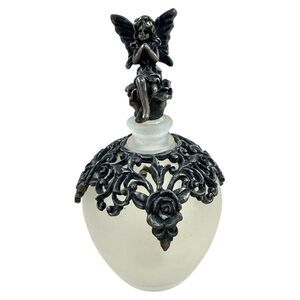 Vtg Fairy Perfume Bottle Frosted Glass Pewter Filigree 4.5”